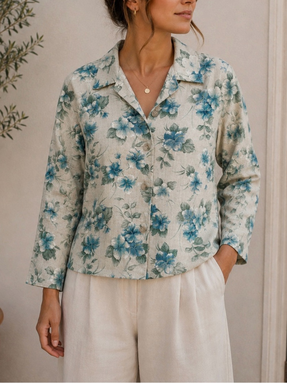 Briggs Petite women Cream Button-Down blazer with Blue Floral Print light casual
